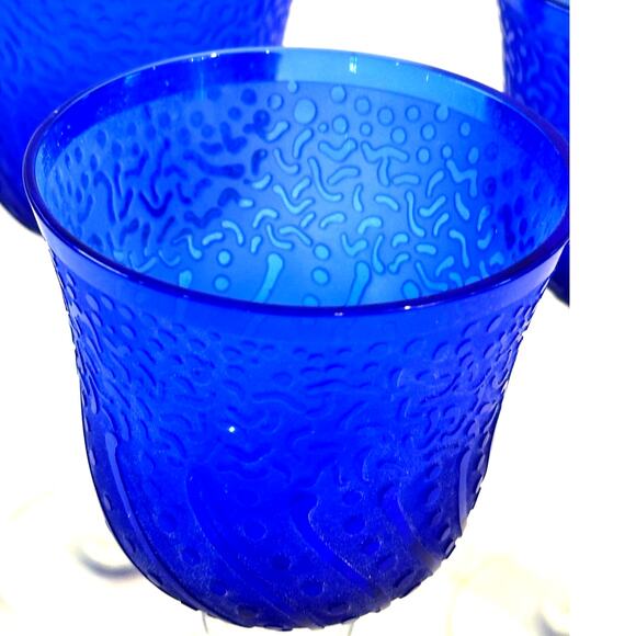 "It's A Blast" Arizona Cobalt Blue/Clear Stem Art Glass Water Wine Goblets-Set 3 - Picture 3 of 10